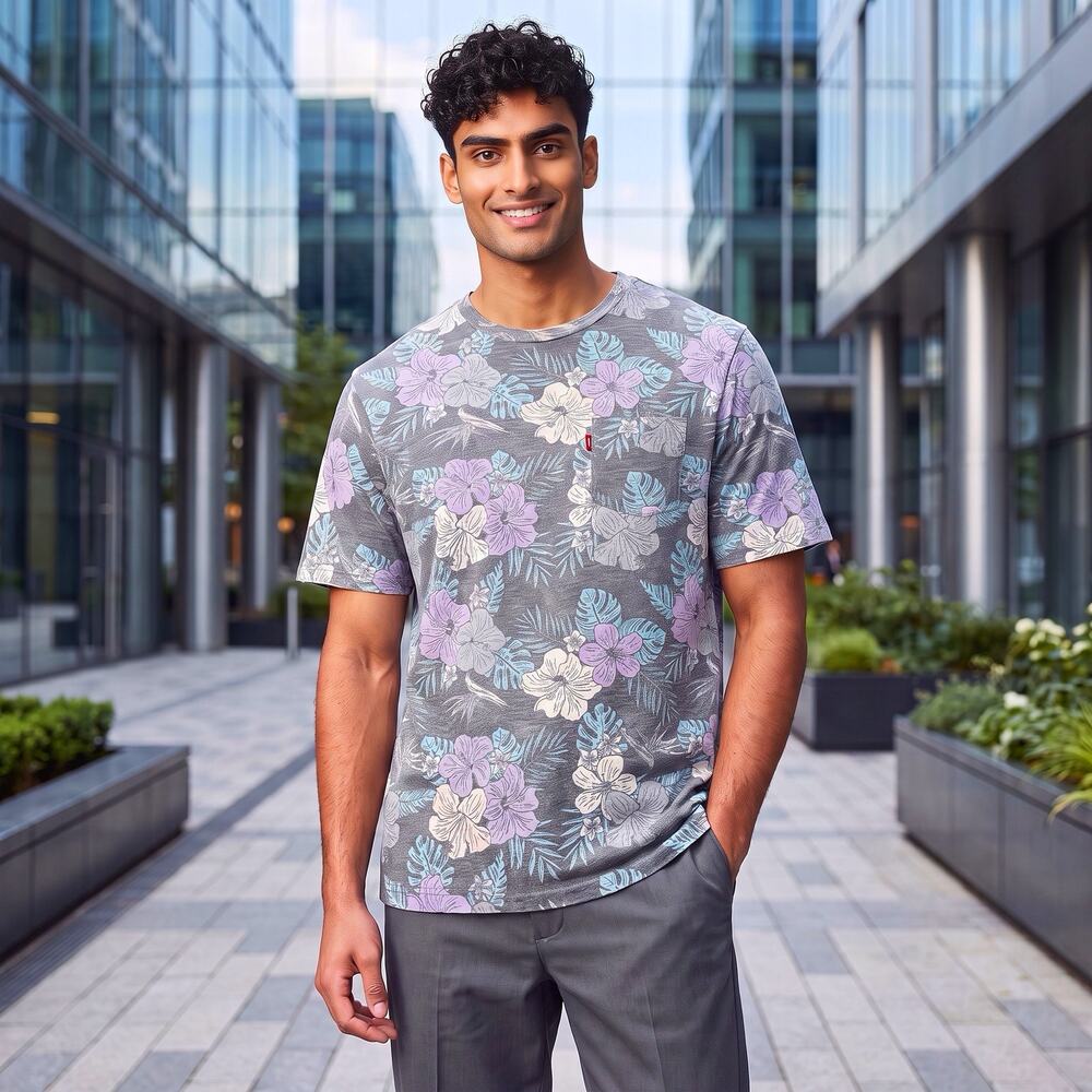 Levi Gray Floral T Shirt one front patch pocket with tradition reg logo tag .